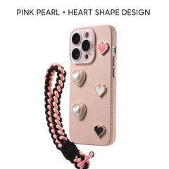 iPhone Lanyard Series | 3D Pearl Heart Genuine Leather Phone Case