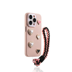 iPhone Lanyard Series | 3D Pearl Heart Genuine Leather Phone Case