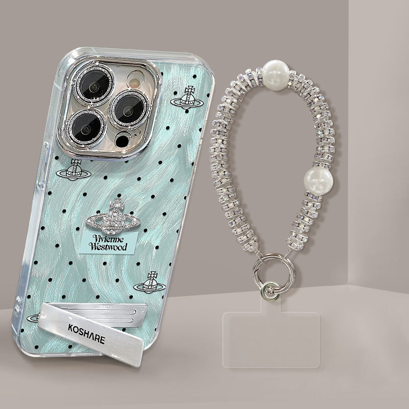 iPhone Lanyard Series | Blue Polka Dot Folding Stand Phone Case