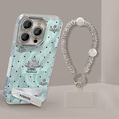 iPhone Lanyard Series | Blue Polka Dot Folding Stand Phone Case