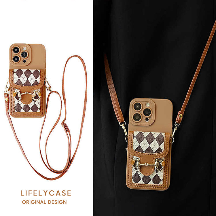 iPhone Lanyard Series | Brown Check Card Holder Phone Case